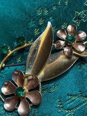 Retro Two-Tone Gold over Sterling Floral Spray Pin - Green Accents